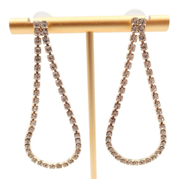 Gold Tone & Rhinestone Tear Drop Loop Pierced Earrings Unsigned 2.5" - Picture 1 of 4